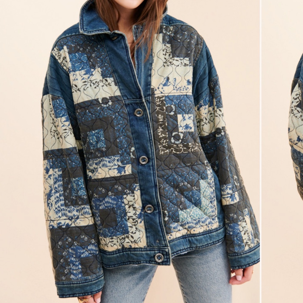 We The Free Pieced Together Patchwork Jean Jacket - Blue and Cream